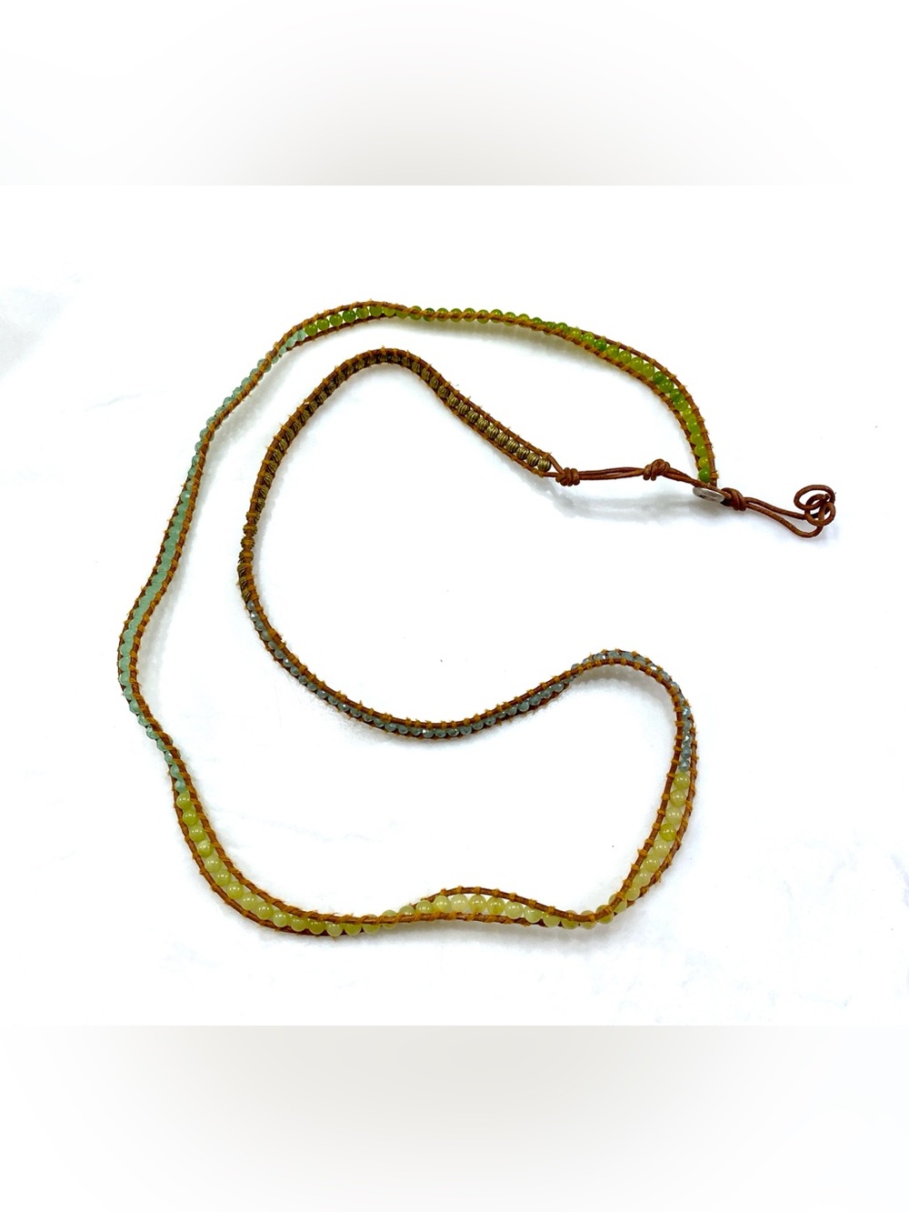 Lizou Convertible Beaded Leather Wrap Bracelet Long Necklace Green Yellow